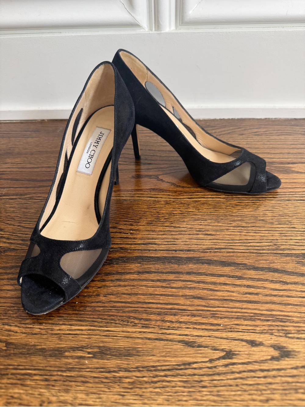 Jimmy Choo Black Suede Peep-Toe Pumps Jimmy Choo Wetlook Suede/Mesh Black Sz 37.